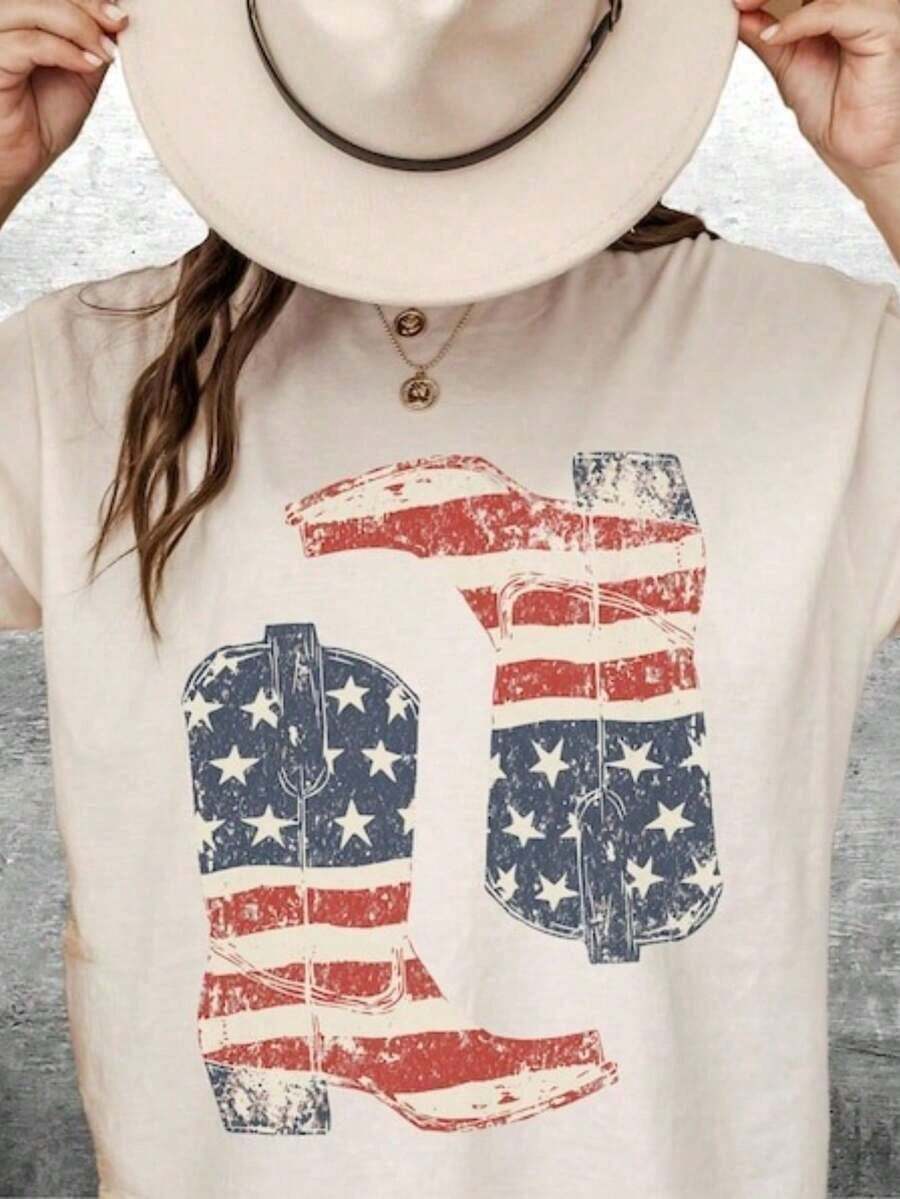 Camisa Western Vintage, Camisa del 4 de Julio, Camisa con Botas de Vaquero, Camisa Western Cowgirl para Mujer, Talla Grande, Mujer, Hombre, Unisex, Camiseta Clásica de Manga Corta de Algodón Grueso 100% Algodón con Estampado Gráfico, Top Casual de Manga Corta para Mujer - Blanco - Ver 1