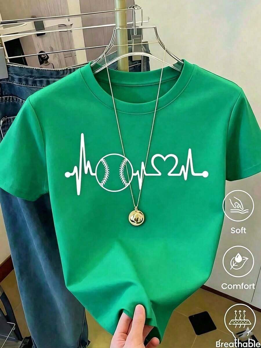 Women's White Baseball Heartbeat Graphic T-Shirt, Minimalist Sporty Style Short Sleeve Heart Top, Top For Game Fans, Comfortable And Breathable Casual Blouse, Cute 100% Cotton - 綠色的 - 查看 1