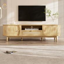 Mueble para TV con puertas y cajones. Mueble de ratán para TV, puertas de madera maciza, solución de almacenamiento de estilo rústico – panel frontal bajo. - Color natural - Ver 12
