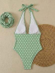 Traje de baño de dos piezas con estampado de lunares, escote asimétrico y espalda descubierta, atuendo de vacaciones en la playa para el verano - Verde Limelight - Ver 3