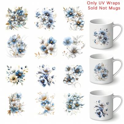 12pcs Of Blue & Gold Luxury Floral Bouquet UV DTF Vinyl Transfer Stickers, Suitable For Glass, Ceramic, Plastic, And Hard Surfaces- Self-Adhesive, Glossy Effect, Bright Floral Patterns For Home Decoration And Craft Projects, Glass Stickers