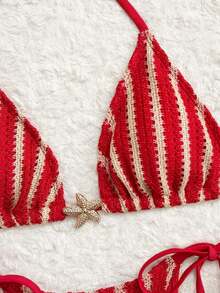 Costavie Nuevo conjunto de traje de baño de 3 piezas para mujer con estampado de lunares, parte superior de triángulo micro con lazos laterales y Bottom fruncida para vacaciones de verano, fiestas y tardes de té. Conjunto de 2 piezas a rayas rojas y blancas para vacaciones. Conjunto de bikini a rayas. Conjunto de 2 piezas a rayas para la playa. - Multicolor 11 - Ver 4