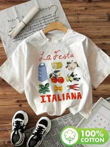 Short-Sleeved T-Shirt With A Round Neck And An Italian Design Featuring "Evening Mist Orientation" (Watercolor, Food, And Lettering), 100% Pure Cotton, Suitable For Sports, Loose Fit, Versatile, Casual, Can Be Used As A Basic T-Shirt. Summer T-Shirt - White - View 4
