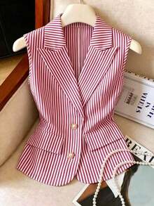 Blazer delgado y versátil de mujer con solapa, botones frontales y sin mangas a rayas - Rojo - Ver 1