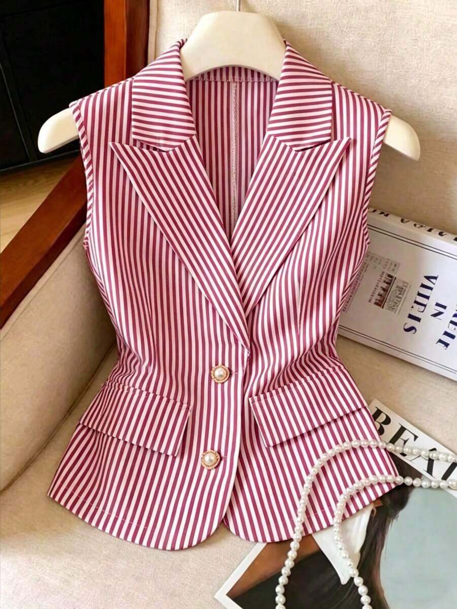 Blazer delgado y versátil de mujer con solapa, botones frontales y sin mangas a rayas - Rojo - Ver 1