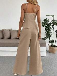 Set de 2 piezas: Top de tirantes ajustado informal con nudo delantero y pantalón de pierna ancha - Caqui - Ver 2