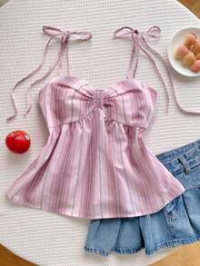 Camiseta sin mangas plisada y a rayas de verano para mujer, de estilo casual y vacacional - Rosa - Ver 7
