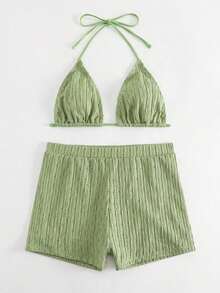 2 piezas Conjunto de bikini de unicolor con textura, tipo halter, adecuado para vacaciones de verano en la playa - verde menta - Ver 6