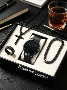 4pcs Men's Casual Business Watch And Cross Pendant Necklace, Bracelet And Ring Set, Sport - Black - View 6