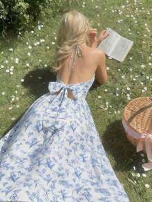 Vestido de verano con estampado floral elegante y lazo en la cintura para mujer - Azul y blanco - Ver 7
