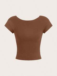 4 piezas Camisetas ajustadas de cuello redondo de unicolor con contraste, con espalda descubierta y calada, adecuadas para primavera/verano, carnaval, de manga corta, básicas, de mujer - Multicolor 18 - Ver 11