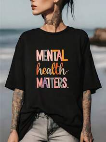 Camisetas de Algodón Oversize para Mujer, Moda 2026, Temática de Salud Mental, Camiseta Suave de 180g, Excelente Regalo para la Familia, Diseño Cómodo de Cuello Redondo, Ideal para Festivales de Música de Verano y Eventos de Team Building. - Negro - Ver 1