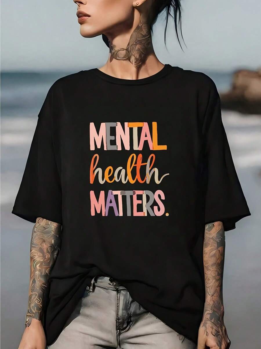 Camisetas de Algodón Oversize para Mujer, Moda 2026, Temática de Salud Mental, Camiseta Suave de 180g, Excelente Regalo para la Familia, Diseño Cómodo de Cuello Redondo, Ideal para Festivales de Música de Verano y Eventos de Team Building. - Negro - Ver 1