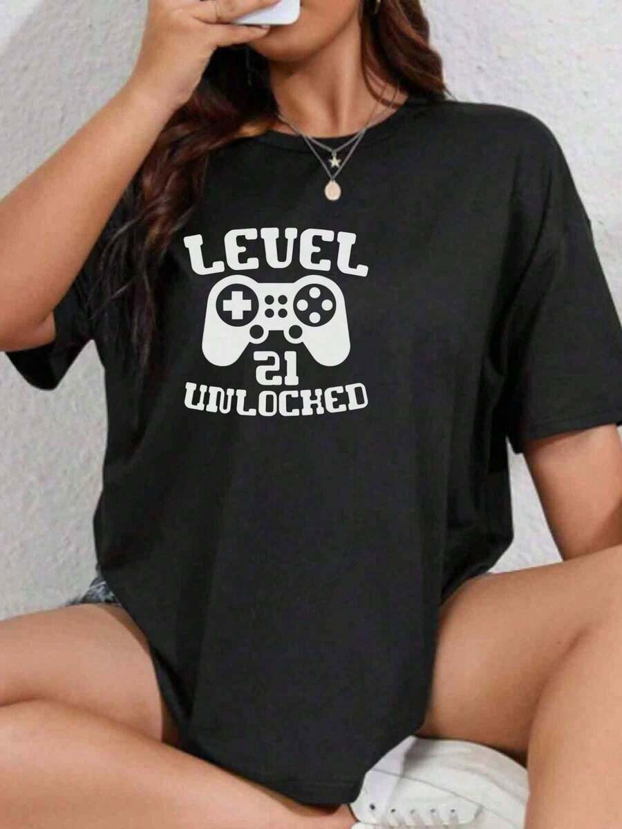 Women's Gaming Graphic T-Shirt, Level 21 Unlocked - Fun Video Game Design With Controller Print, Plus Size, Loose Fit, Casual T-Shirt For Casual Wear And Themed Events, Breathable Short Sleeve Crew Neck T-Shirt For Gamers (Spring Summer Outdoor Casual Wear) - 黑色 - 查看 1