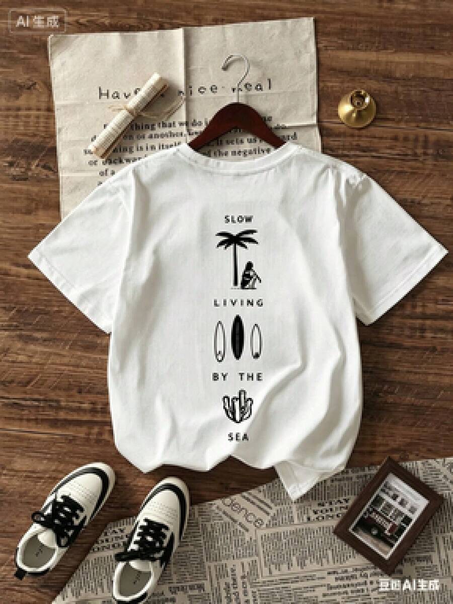 Camiseta de peso pesado multicolor, 100% algodón puro, con estampado moderno, unisex, nuevo estilo primavera/verano/otoño, transpirable y cómoda, sencilla y versátil. - Blanco - Ver 1