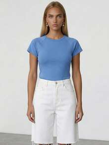Camiseta de cuello redondo de unicolor casual, versátil para el verano - Azul - Ver 4