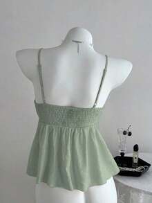 Camiseta de tirantes con volantes de unicolor lindo para damas, ropa de verano para la universidad - Verde - Ver 2