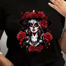Camiseta La Catrina Día de los Muertos - Estampado Gráfico de Calavera Mexicana y La Calavera Catrina, Camiseta Unisex de Talla Grande con Diseño de Rosas Rojas y Sombrero, Suave y Transpirable 220gsm, Ropa Ligera del Día de los Muertos para Hombres y Mujeres - Negro - Ver 2