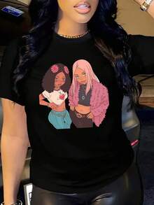 Una camiseta de manga corta de moda para mujeres con estilo único - Moda callejera creativa, elegante y de moda - Una camiseta de moda, casual, enérgica y deportiva con un estampado de moda, único e interesante, cómoda camiseta de cuello redondo, - Negro - Ver 2