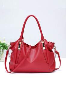 1 buah Tas Tote PU Kasual Modis Warna Merah Polos, Cocok untuk Kerja, Kantor, dan Kehidupan Sehari-hari - Merah - View 3