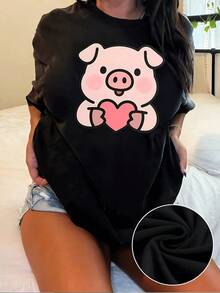 Cute Women's T-Shirt With A Pig Heart Print, Casual Short-Sleeved Crew Neck Tee,  Pig Animal Print For Women, Soft And Comfortable Cotton Blend Fabric For Everyday Wear, Fashionable And Fun Design. 100% Cotton, Cool In Summer - 黑色 - 查看 1