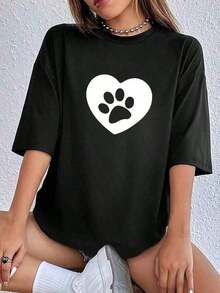 Camisetas Mujer con Estampado Huella Corazón, casual suelta cuello redondo manga corta, ideal para primavera y verano - Negro - Ver 8