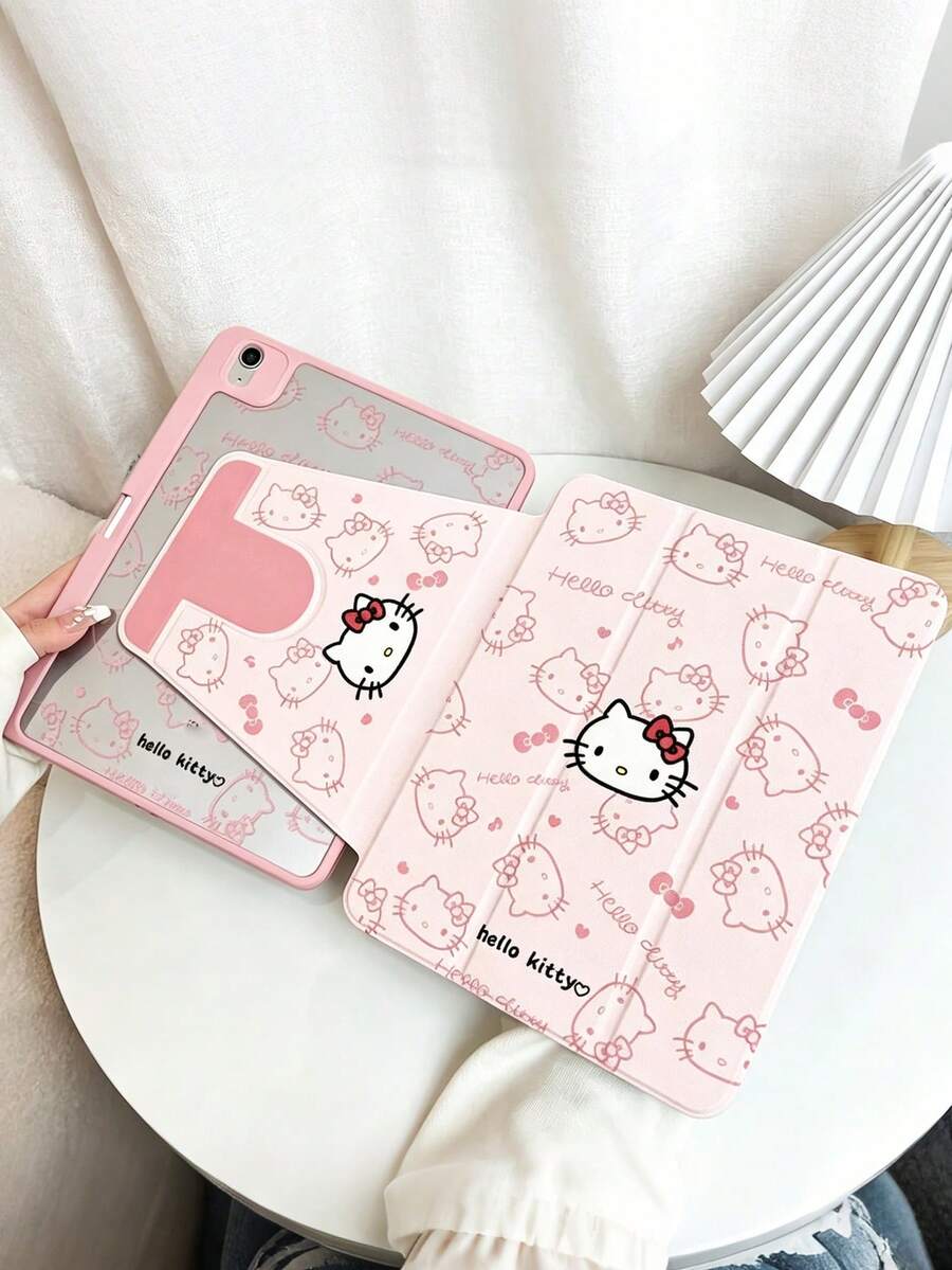 SANRIO Ốp bảo vệ máy tính bảng Hello Kitty kèm ngăn đựng bút, chân đế xoay 360° đa góc, vỏ chống sốc hình hoạt hình dễ thương phù hợp với iPad. - Nhiều màu - Xem 1