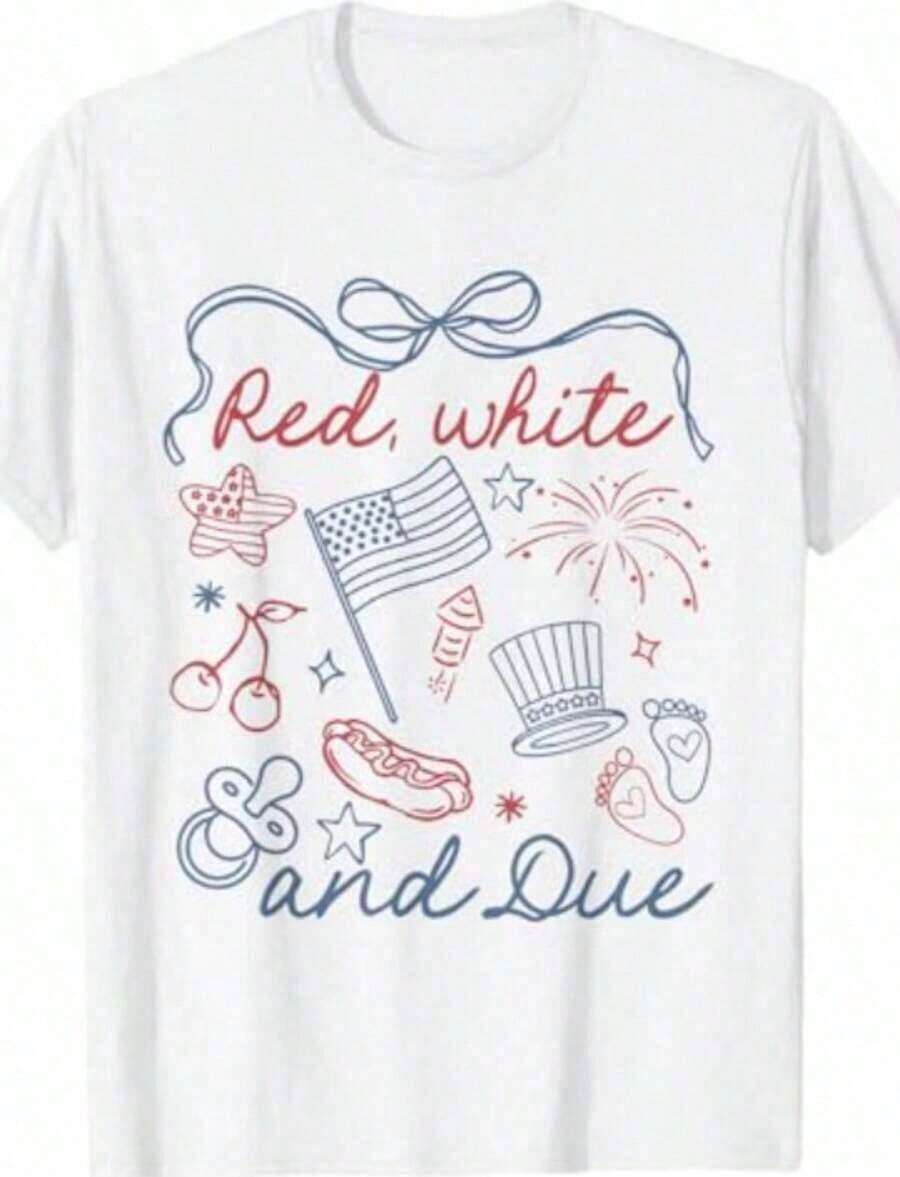 1 pieza de camiseta para revelar el embarazo con lazo estilo coqueta, rojo, blanco y azul, para el 4 de julio, de algodón suave, recomendación popular. 180g 100% algodón. - Blanco 5 - Ver 1
