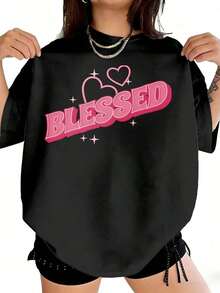 1 Piece Women's Plus Size Casual T-Shirt With Pink Heart Print - Round Neck, Fashionable Ladies Clothing, Lightweight And Breathable, Holiday Outfits For Women, Summer Outfits For Women, 180g 100% Cotton. - 黑色 - 查看 12