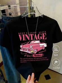 Women's Short-Sleeved Printed T-Shirt, Spring Clothing, Holiday Outfit, Black For Summer, Beach Look, Vacation Style, Country Style, Women's Office Outfit. - 黑色 - 查看 1