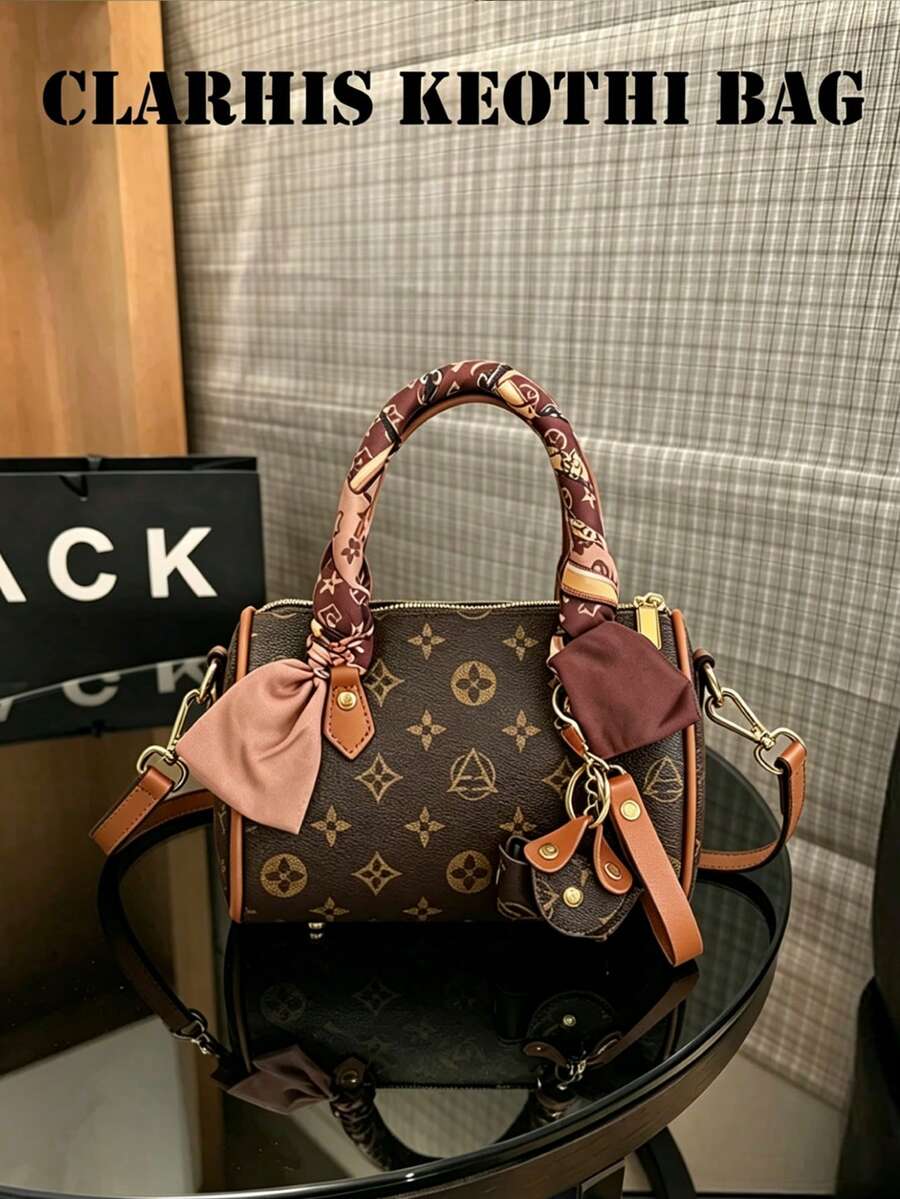 Minimalist Fashionable Handbag Made Of PU Fabric With Exquisite Pattern, Featuring Dual Handles, Pendant And Silk Scarf Accent, Combining Style And Elegance. Ideal For Women, Female College Students, Commuters, And Various Occasions, Also A Great Gift For Friends And Family. - Brown - View 1