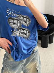 Camiseta holgada de manga corta con estampado de fruta de papaya y cuello asimétrico, color rosa - azul real - Ver 4