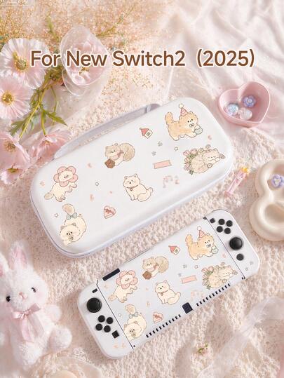 1pc Strawberry Pink Dreamy Floral & Kitty Soft Cute Lazy Cat Print Protective Case, Compatible With New Switch 2 (2025), Switch NS/Switch OLED, Suitable For Switch 2 Game Console Accessories, Family Pack, Storage Bag, Switch Protective Case, Romantic Gift For Switch Players