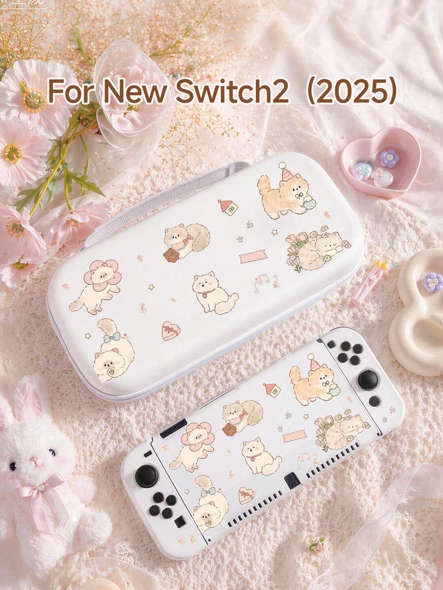 1个草莓粉梦幻花卉小猫图案软萌懒猫印花保护套,兼容新款Switch 2 (2025)、Switch NS/Switch OLED,适用于Switch 2游戏机配件,家庭装,收纳袋,Switch保护套,送给Switch玩家的浪漫礼物 - 彩色 - 查看 1