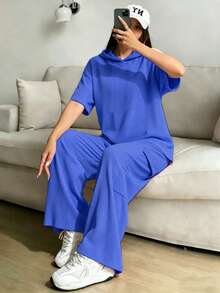 Conjunto De Top Corto De Manga Larga Y Pantalón Para Mujer Con Diseño De Bloques De Color - Azul - Ver 2