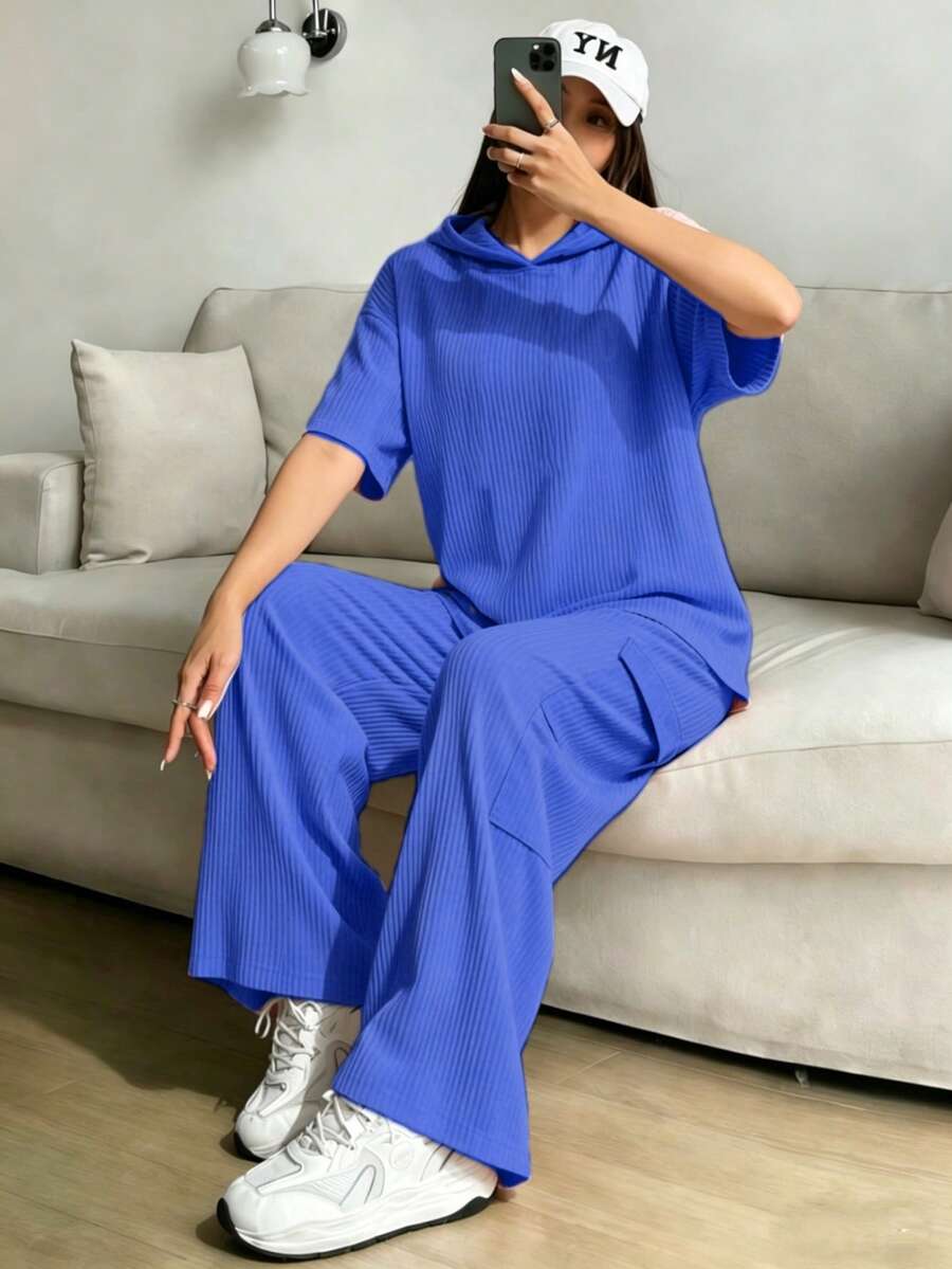 Conjunto De Top Corto De Manga Larga Y Pantalón Para Mujer Con Diseño De Bloques De Color - Azul - Ver 1