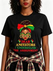 Women's And Juneteenth 1865 Freedom Day T-Shirt - African Bun And African Cultural Heritage Design, With The Slogan "Dear Ancestors And I Understand The Task" - Soft, Breathable, Lightweight Round Neck Short Sleeve - Juneteenth Cultural Pride Clothing Funny Women's T-Shirts Suitable For All Seasons 100% Cotton - màu đen - Xem 2