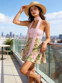 Vestido Mini para Mujer con Estampado Floral y Cuello de Bufanda, Sin Mangas A-Line, Fluido para Vacaciones y Citas de Verano - verde esmeralda - Ver 3