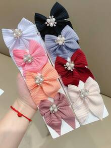 8pcs Solid Color Striped Fabric Bow Hair Clips With Pearl Rhinestone Decor, Cute Girl's School Style Hair Accessories, Suitable For Daily Wear And Party - Multicolor - View 5