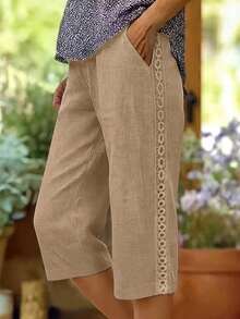 2026 Nuevos Pantalones Capri casuales de primavera/verano para mujer con bolsillos en diagonal y adorno floral lateral - Caqui - Ver 7