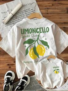 1 Piece [Double-Sided Print] Short-Sleeve T-Shirt With Round Neck And Cartoon Lemon Spritz Letter Print, Breathable Fabric, Urban Vintage Style, Unisex, Loose-Fit Cotton Short-Sleeve T-Shirt With Round Neck, Blouses For Women. Casual Blouses For Ladies. - 白色 - 查看 7