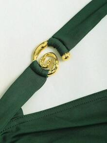 Nuevo vestido mini de cintura estrecha y multinivel con collar colgante en espiral, diseño de joyería dorada para mujeres - Verde Oscuro - Ver 4