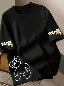 Camiseta Personalizada de Manga Corta con Cuello Redondo y Estampado de Oso de Dibujos Animados para Mujer - Estilo Vintage Urbano, Camiseta Holgada de Algodón con Cuello Redondo - Negro - Ver 1