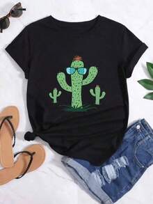 Camiseta de mujer con estampado de cactus, suave, de alta calidad y económica para uso deportivo diario - Estilo urbano vintage, unisex, holgada, de algodón, manga corta, cuello redondo, 100% algodón puro. - Negro - Ver 7
