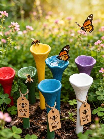 5pcs Colorful Bee Watering Set, Insect Drinking Cup, Outdoor Hanging Watering Station, Beekeeping Feeding Tray, Garden Decor, Reusable Bee, Butterfly & Hummingbird Waterer With Wooden Base, Garden Bee Feeder, Garden Sculpture, Porch Goose, Suitable For Outdoor, Garden, Balcony, Planter, Creative Garden Decor, Practical Gardening Tool