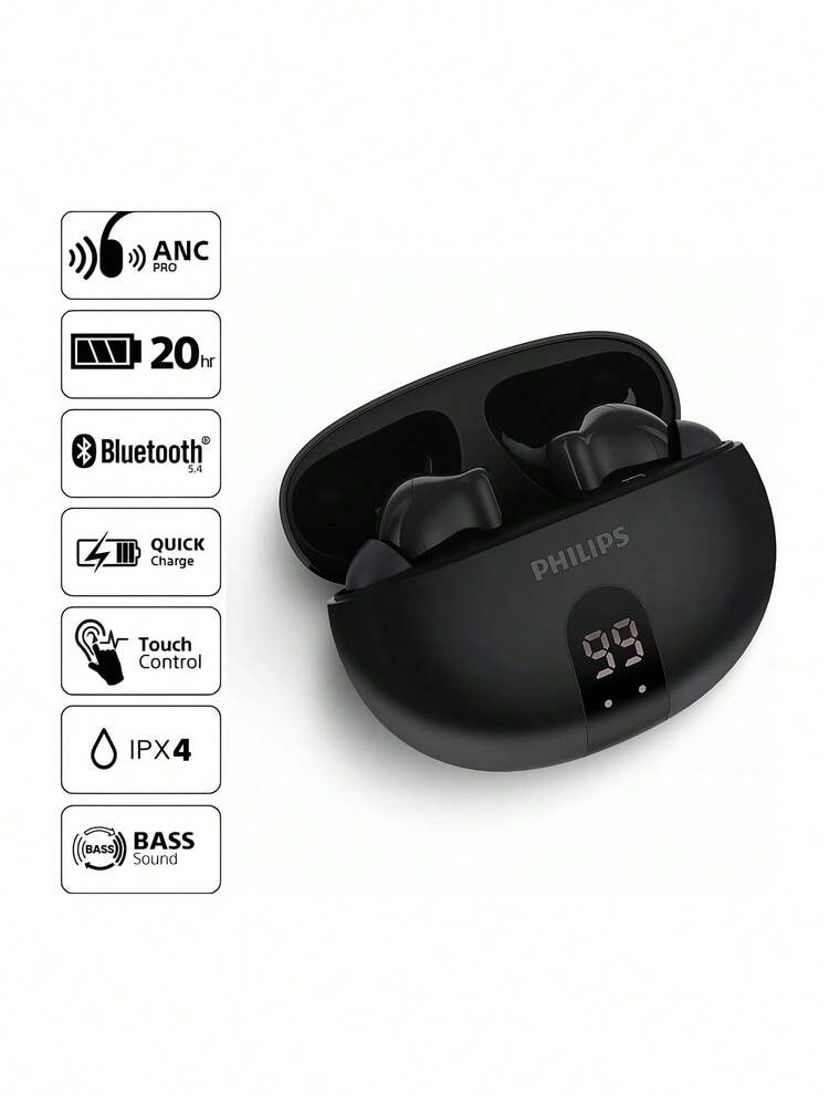 PHILIPS TAT3559 True Wireless Earbuds, Active Noise Cancelling, 20 Playtime, Bluetooth 5.4, IPX4 Waterproof, Type-C Fast Charge, Lightweight Comfortable For Commute Workout Travel - View 6