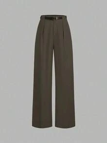 Pantalones rectos de cintura media de unicolor elegante con cinturón, negro, primavera - Granada - Ver 1