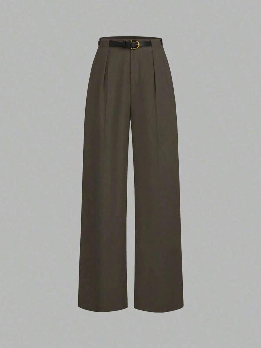 Pantalones rectos de cintura media de unicolor elegante con cinturón, negro, primavera - Granada - Ver 1