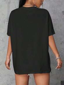 Camiseta casual estampada de moda personalizada, top deportivo de manga corta con cuello redondo y ligeramente elástico, ropa deportiva para mujer. - Negro - Ver 2