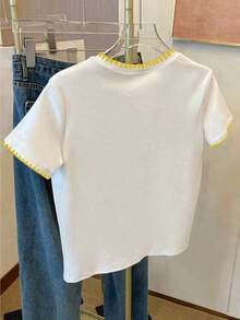 Camiseta de manga corta casual de mujer con bordado de limón, para verano - Blanco 2 - Ver 2